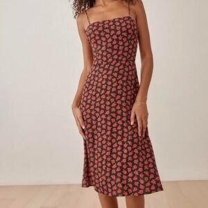 Reformation Peach Dress in Black with Red Florals